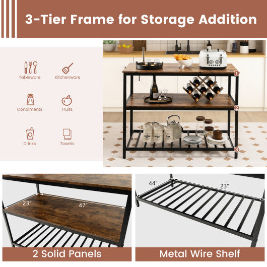 3 Shelves Kitchen Island Industrial Prep Table with Bottom Wine Rack-Rustic Brown