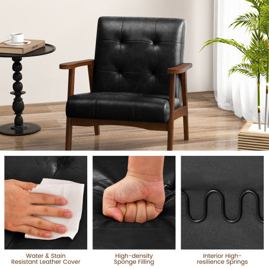 Mid Century Modern Accent Chair with Solid Rubber Wood Frame and Leather Cover-Brown