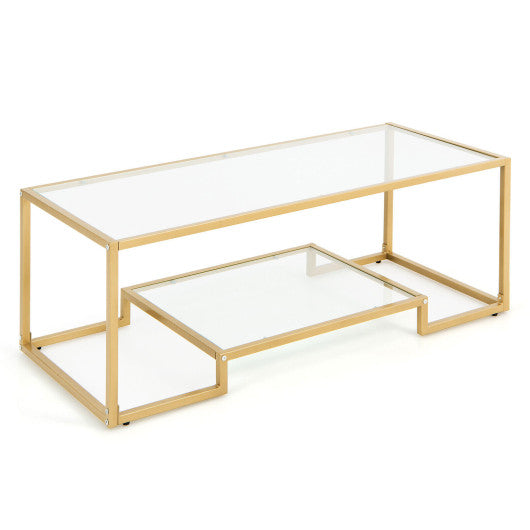 Modern 2-Tier Rectangular Coffee Table with Glass Table Top-Golden
