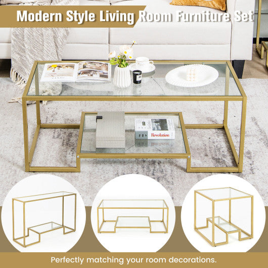 Modern 2-Tier Rectangular Coffee Table with Glass Table Top-Golden