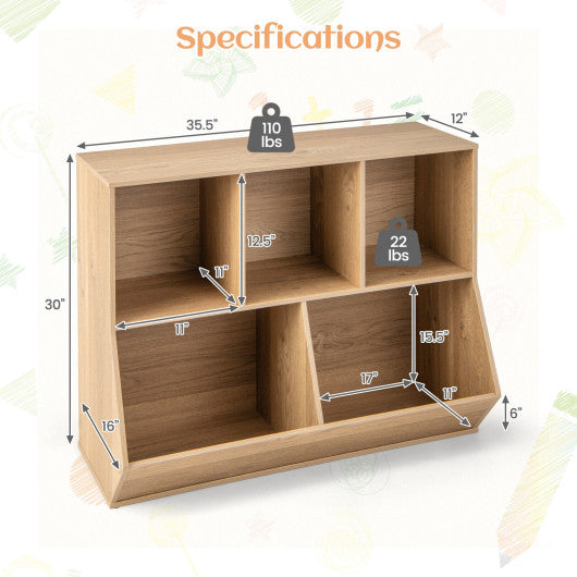 5-Cube Wooden Kids Toy Storage Organizer with Anti-Tipping Kits-Natural