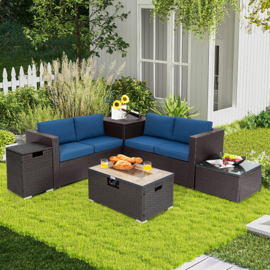 6 Pieces Outdoor Wicker Furniture Set with 32 Inch Propane Fire Pit Table-Navy