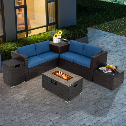 6 Pieces Outdoor Wicker Furniture Set with 32 Inch Propane Fire Pit Table-Navy