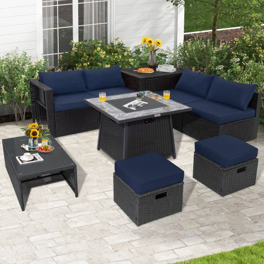 9 Pieces Outdoor Wicker Sectional with 35 Inch Gas Fire Pit Table-Navy