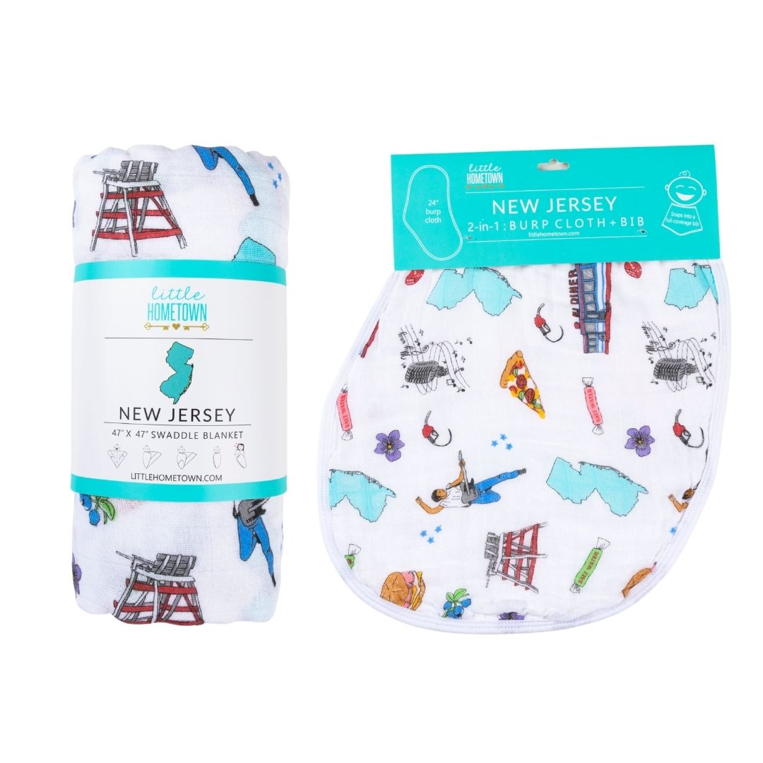 Gift Set: New Jersey Baby Muslin Swaddle Blanket and Burp Cloth/Bib Combo by Little Hometown