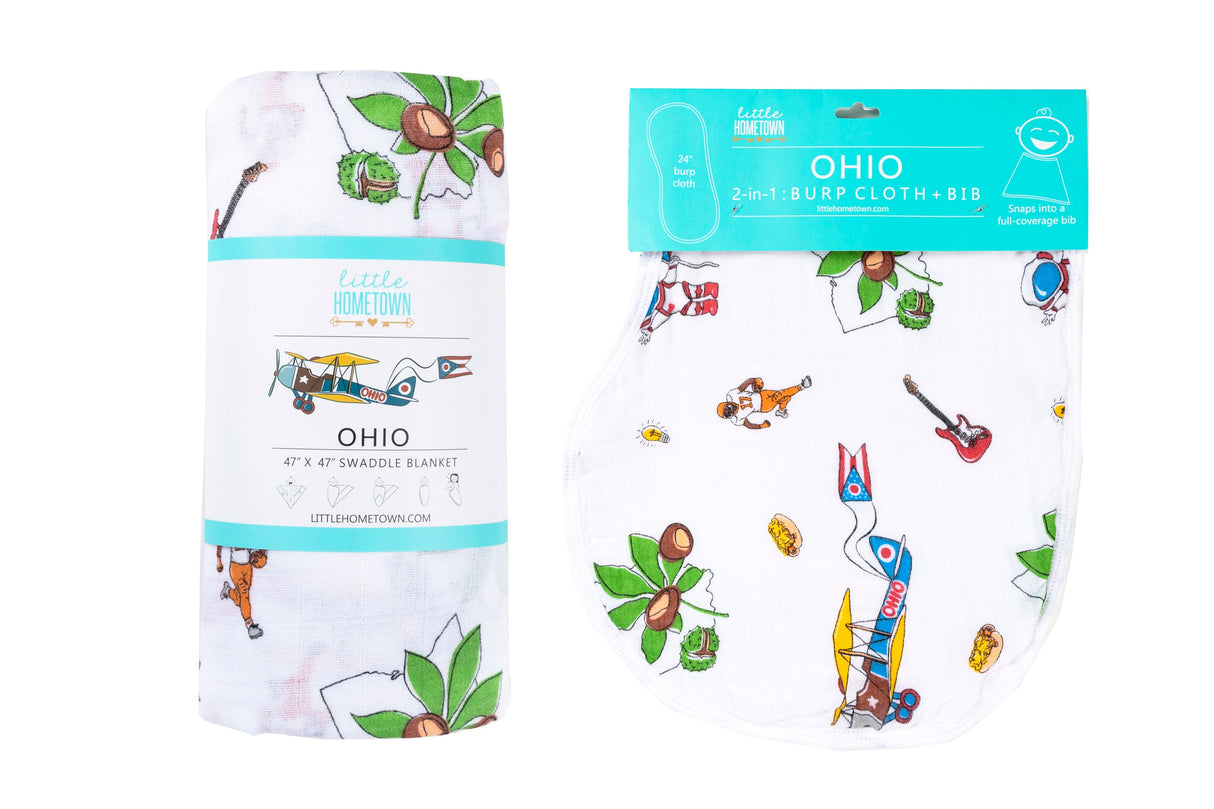Gift Set: Ohio Baby Muslin Swaddle Receiving Blanket and Burp Cloth / Bib Combo by Little Hometown