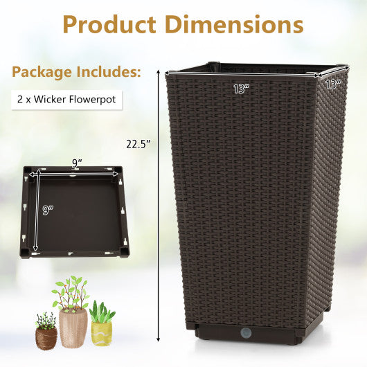 Outdoor Wicker Flower Pot Set of 2 with Drainage Hole for Porch Balcony-Brown