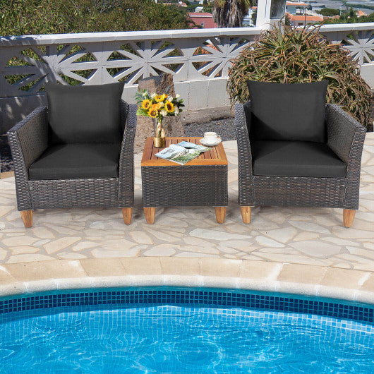 3 Pieces Patio Rattan Bistro Furniture Set with Wooden Table Top-Black
