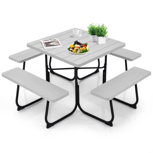 Outdoor Picnic Table with 4 Benches and Umbrella Hole-Gray