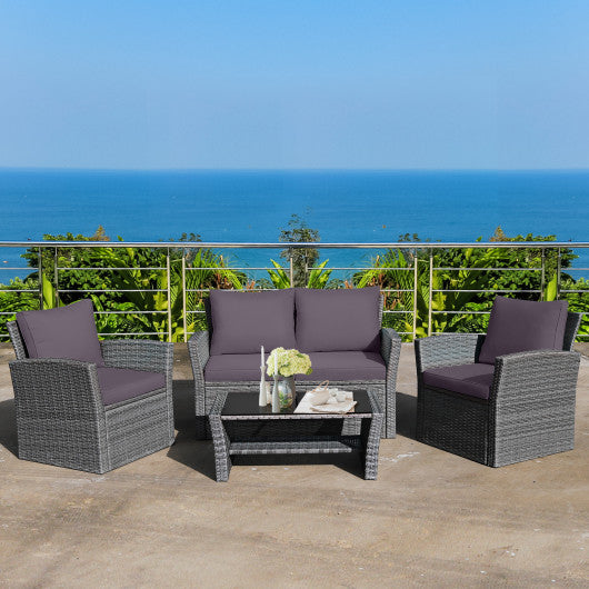 4 Pieces Patio Rattan Furniture Set Sofa Table with Storage Shelf Cushion-Gray