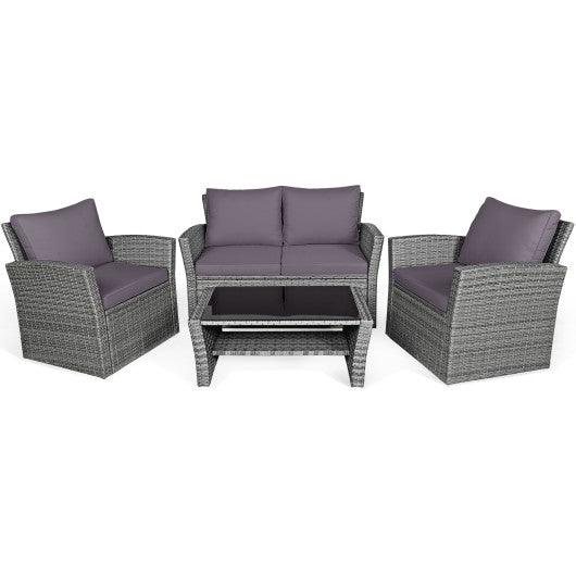 4 Pieces Patio Rattan Furniture Set Sofa Table with Storage Shelf Cushion-Gray