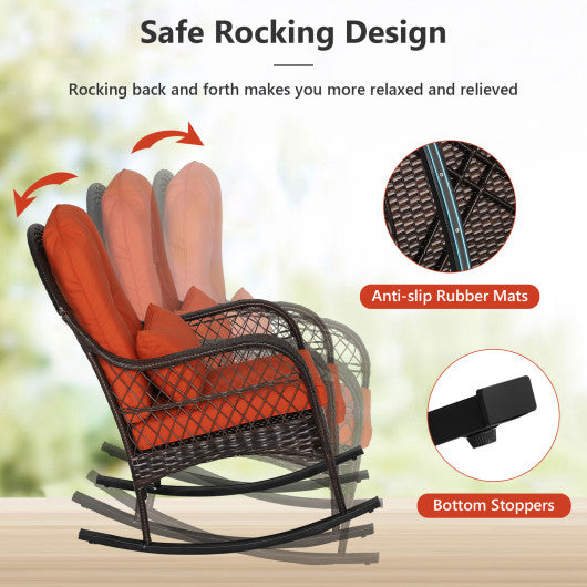Patio Rattan Rocking Chair with Seat Back Cushions and Waist Pillow-Orange
