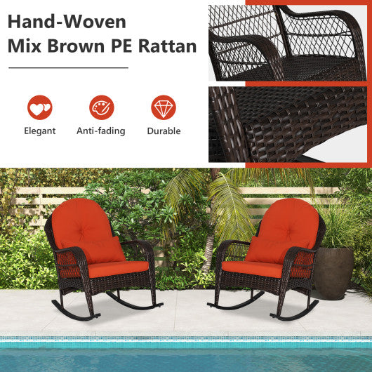 Patio Rattan Rocking Chair with Seat Back Cushions and Waist Pillow-Orange