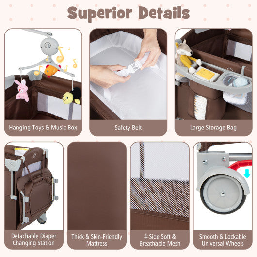 5-in-1  Portable Baby Beside Sleeper Bassinet Crib Playard with Diaper Changer-Brown