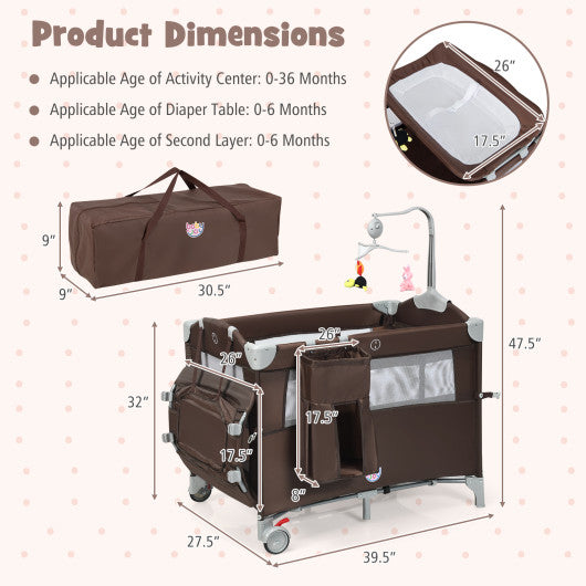 5-in-1  Portable Baby Beside Sleeper Bassinet Crib Playard with Diaper Changer-Brown