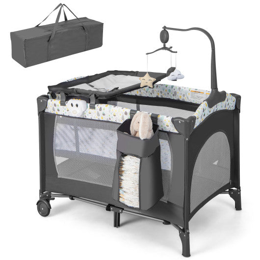 Multi-Functional Baby Playpen with Mattress and Removable Changing Table-Gray