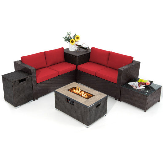 6 Pieces Outdoor Wicker Furniture Set with 32 Inch Propane Fire Pit Table-Red