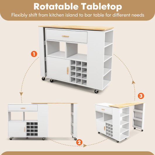 Reversible Folding Kitchen Island Cart with Wine Rack and Spice Rack
