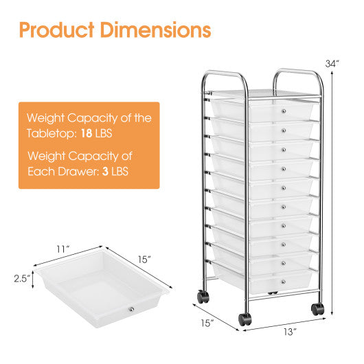 10 Drawer Rolling Storage Cart Organizer-Clear