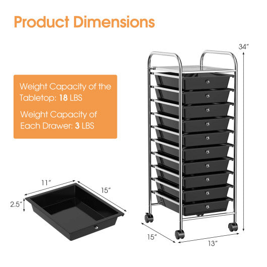 10 Drawer Rolling Storage Cart Organizer-Black