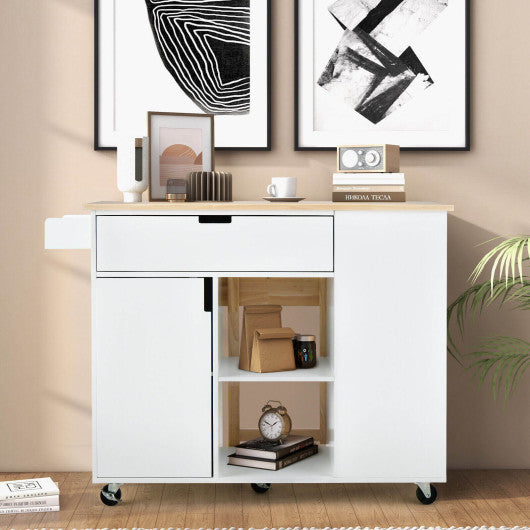Drop-Leaf Kitchen Island with Rubber Wood Top-White