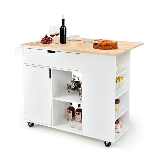 Drop-Leaf Kitchen Island with Rubber Wood Top-White