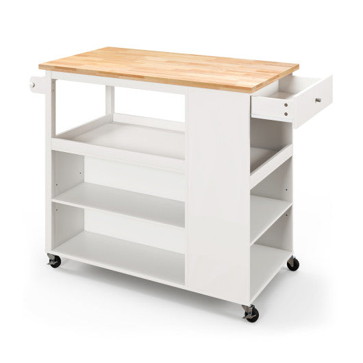 Kitchen Island Trolley Cart on Wheels with Storage Open Shelves and Drawer-White