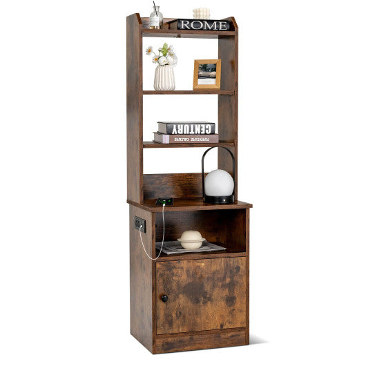 6-Tier Bookshelf with Charging Station and Cabinet