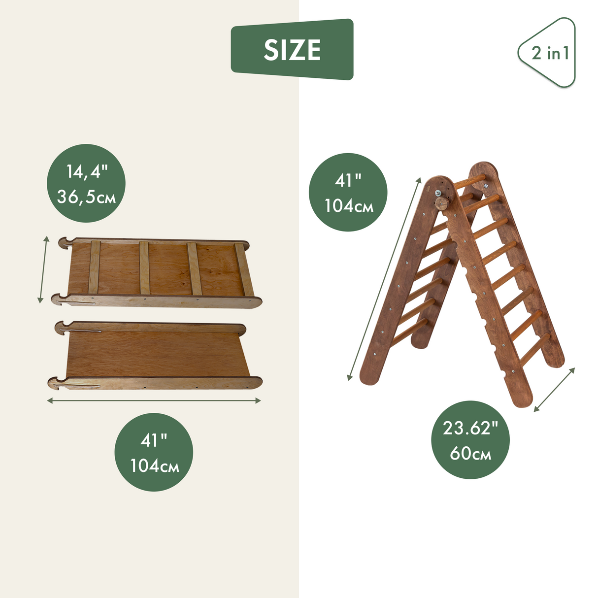 2in1 Montessori Climbing Frame Set: Triangle Ladder + Slide Board/Ramp – Chocolate
