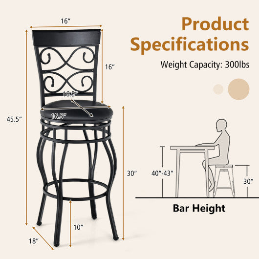 Set of 2 30 Inch Bar Stool with Backrest and Footrest-Black