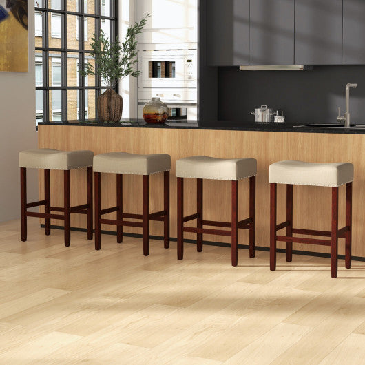 Set of 2 24 Inch Bar Stool with Curved Seat Cushions-Beige