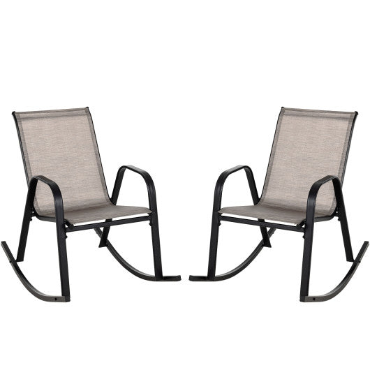 Set of 2 Heavy-Duty Metal Patio Rocking Chair with Breathable Seat Fabric-Brown
