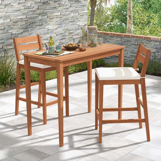 Set of 2 Outdoor Wood Barstools with Soft Seat Cushion-Off White