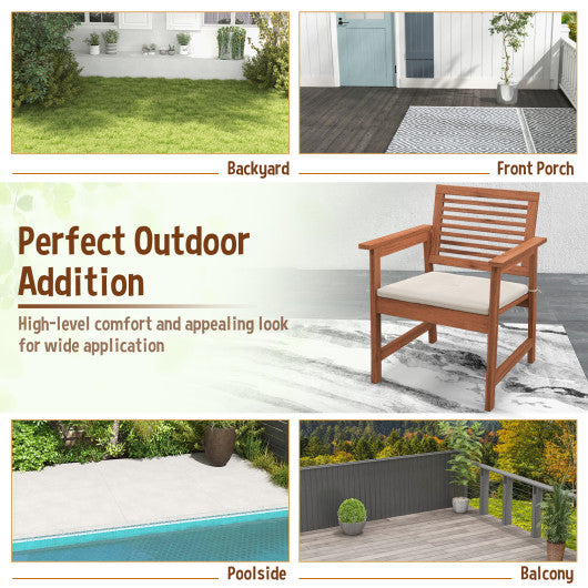 Set of 2 Patio Solid Wood Dining Chairs with Cushions and Slatted Seat