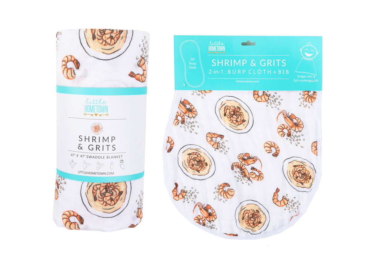 Gift Set: Shrimp'n Grits Baby Muslin Swaddle Blanket and Burp Cloth/Bib Combo by Little Hometown