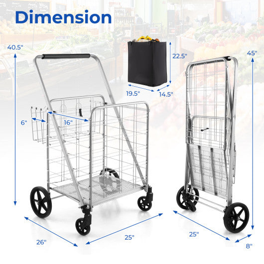 Folding Shopping Cart with Waterproof Liner Wheels and Basket-Silver