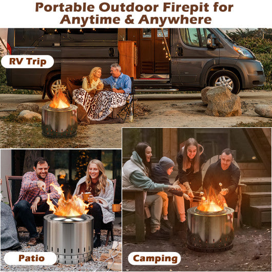 Smokeless Stainless Steel Fire Pit with Ash Pan for Yard Camping-Silver
