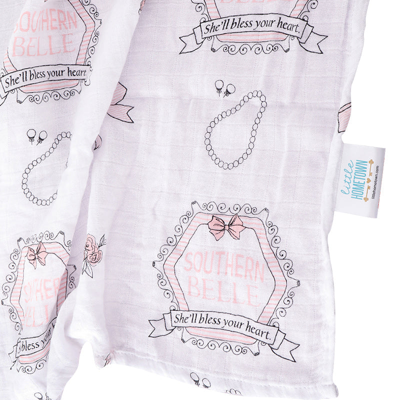 Gift Set: Southern Belle Baby Muslin Swaddle Blanket and Burp Cloth/Bib Combo by Little Hometown