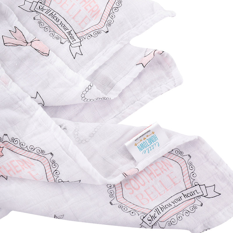 Gift Set: Southern Belle Baby Muslin Swaddle Blanket and Burp Cloth/Bib Combo by Little Hometown