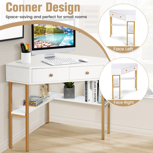 Space Saving Corner Computer Desk with 2 Large Drawers and Storage Shelf-White