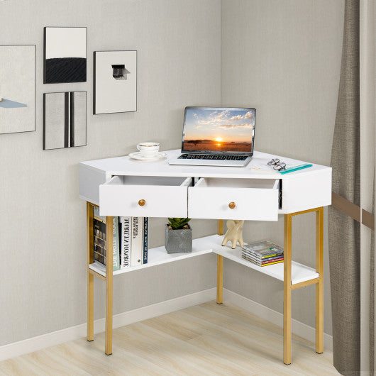 Space Saving Corner Computer Desk with 2 Large Drawers and Storage Shelf-White