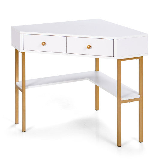 Space Saving Corner Computer Desk with 2 Large Drawers and Storage Shelf-White