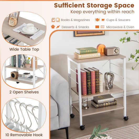 3-Tier Kitchen Baker's Rack Microwave Oven Storage Cart with Hooks-Light Brown