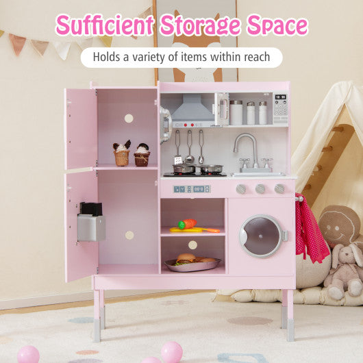 Pretend Play Kitchen for Kids with 16 Pieces Accessories-Pink
