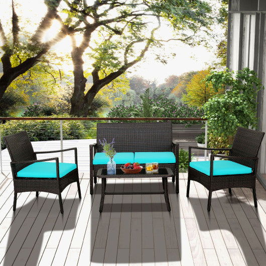 4 Pieces Rattan Conversation Set with Tempered Glass Coffee Table-Turquoise