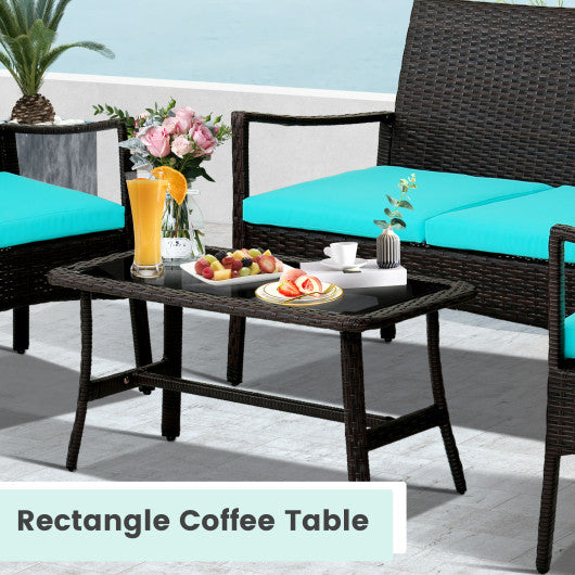 4 Pieces Rattan Conversation Set with Tempered Glass Coffee Table-Turquoise