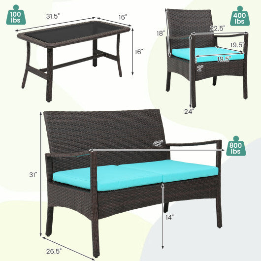 4 Pieces Rattan Conversation Set with Tempered Glass Coffee Table-Turquoise