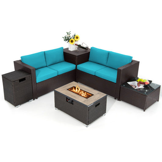 6 Pieces Outdoor Wicker Furniture Set with 32 Inch Propane Fire Pit Table-Turquoise