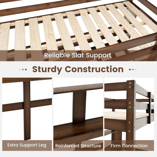 Twin Size Solid Wood Slatted Loft Bed Frame with Safety Guardrail for Kid-Brown