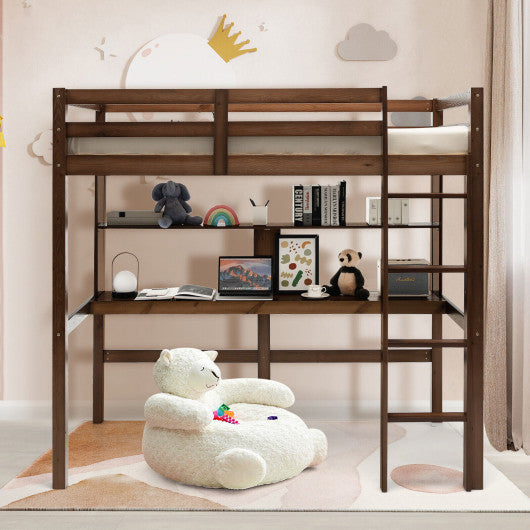 Twin Size Solid Wood Slatted Loft Bed Frame with Safety Guardrail for Kid-Brown